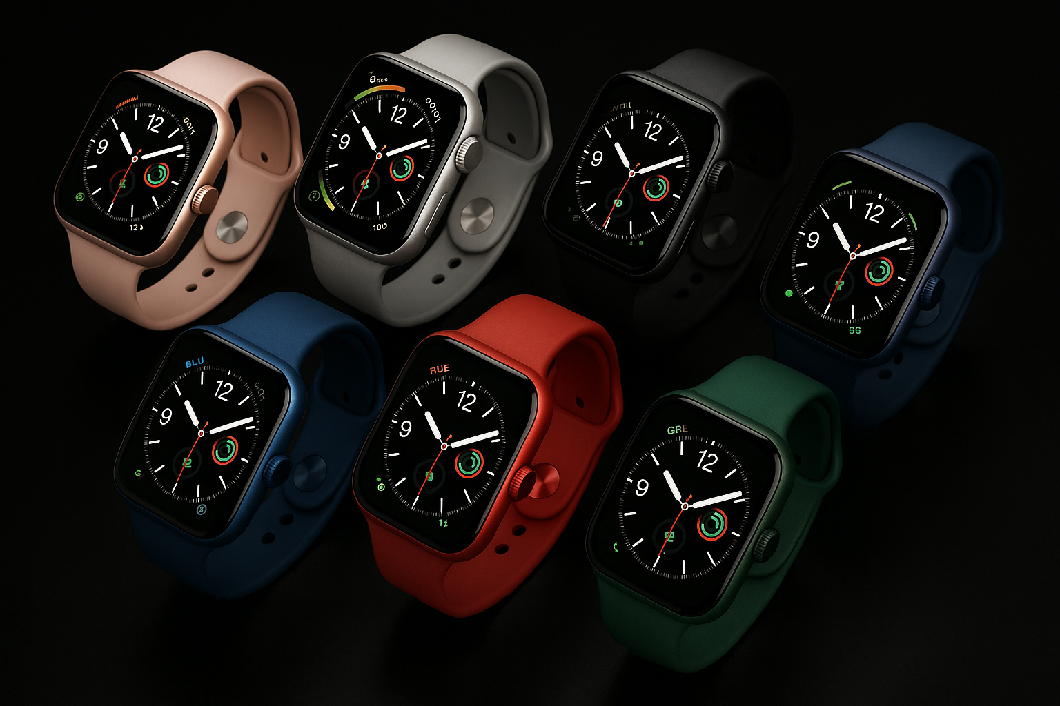 Faz varios smartwatches com o mesmo aspeto tipo o da apple mas de varias cores diferentes num fundo preto