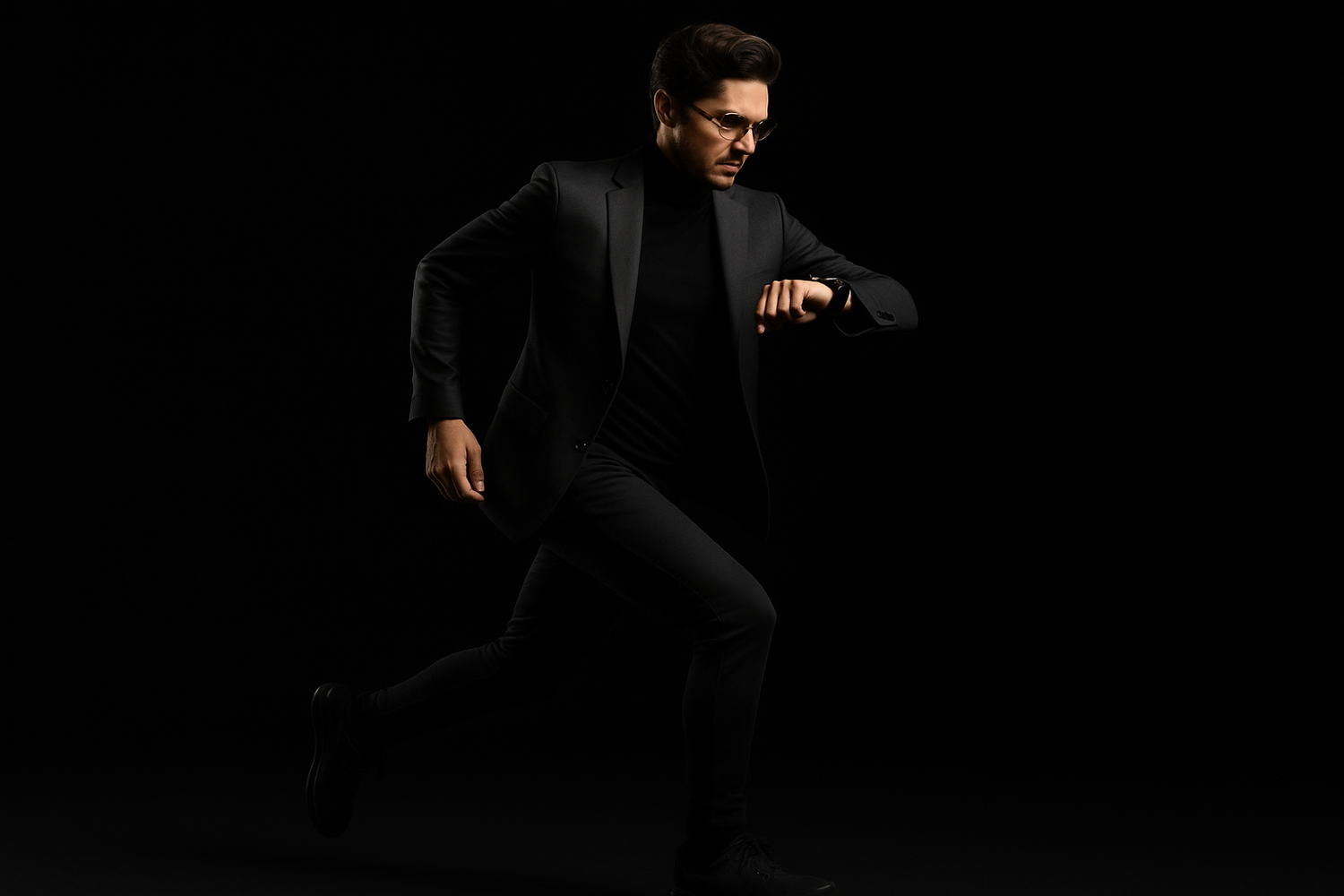 preciso de um fundo que fique bem e minimalista com um fundo preto de um senhor elegante a correr e a olhar para o smartwatch