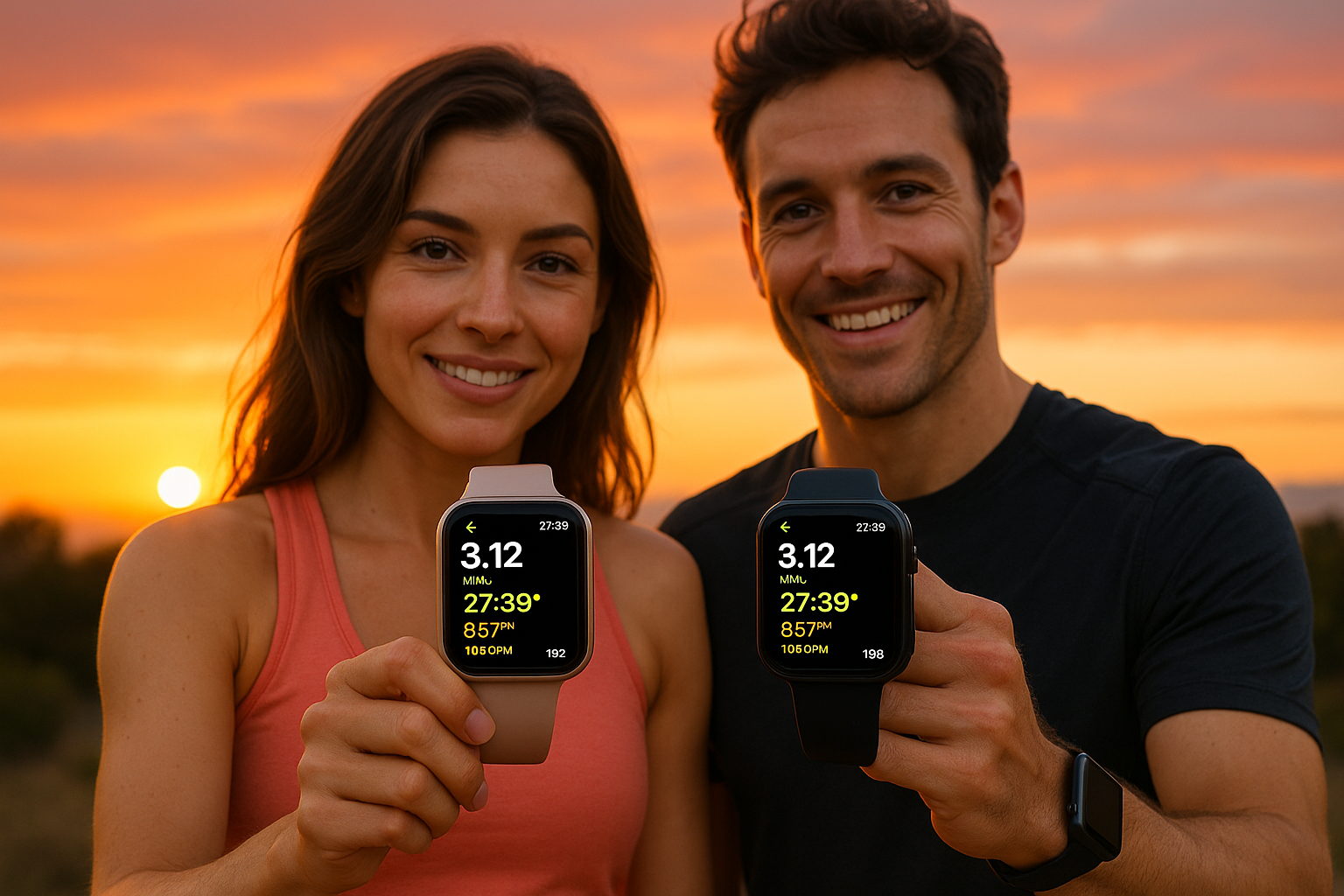 Um Lindo por do sol com 2 pessoas bonitas a segurar um smartwatch apple watch com a definicao de correr